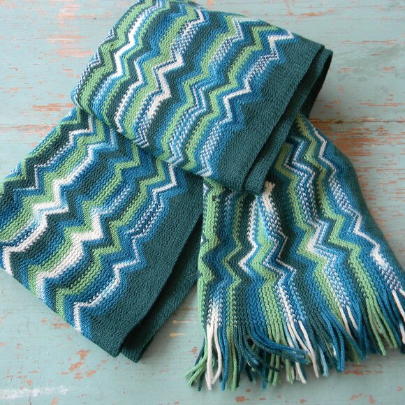MISSONI 100% WOOL MADE IN ITALY GREEN/TEAL STRIPED SCARF **LOTS OF HOLES AS IS - Picture 1 of 4